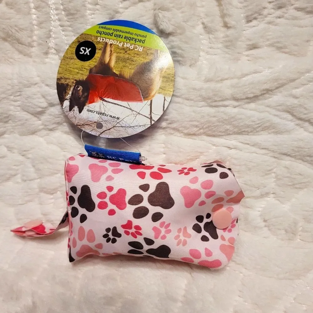 RC Pets Printed Packable Dog Poncho Raincoat Pitter Patter Pink Paw Print XS New
